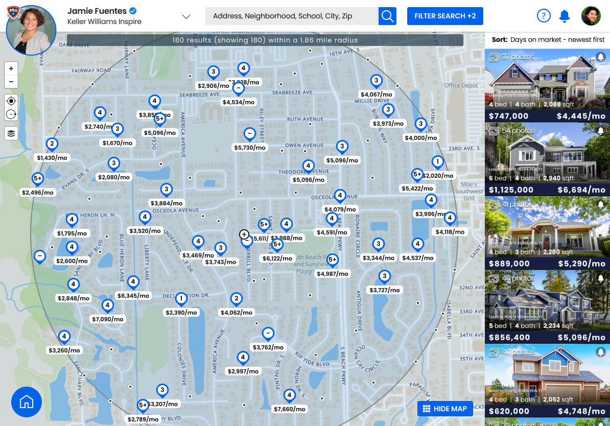 Affordability-powered home search showing map view with listings filtered by monthly payment
