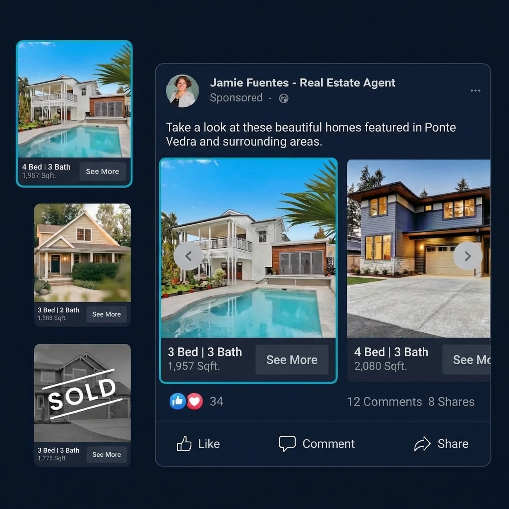 MLS Catalog Dynamic Ads showing listing carousel on Facebook with property details